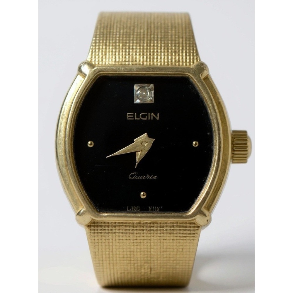 Elgin EK228-008 Quartz Women's Gold Tone Black Face Diamond‎ Accent Tank Watch